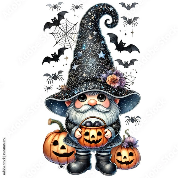 Fototapeta Adorable Halloween gnome dressed as a witch with a pointed hat adorned with pumpkins and flowers, holding a basket of jack-o'-lanterns. Surrounding bats, spiders, and cobwebs complete the spooky theme