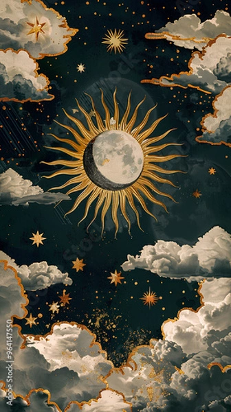 Fototapeta A stunningly beautiful, detailed abstract collage of celestial sun and moon, stars and clouds in the style of renaissance artwork against a blue sky background with gold accents.