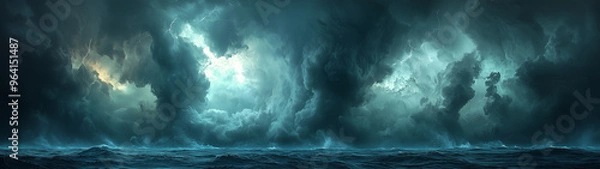 Fototapeta A cinematic view of a thunderstorm over the ocean, with dark, towering clouds and soft flashes of lightning illuminating the horizon. The scene is smooth and atmospheric, with a focus on mood and dept