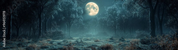 Fototapeta A smooth cinematic view of a forest clearing under soft moonlight. The dark trees create shadows, while the smooth light from the full moon illuminates the serene scene.
