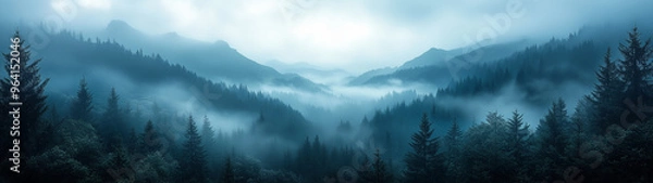 Fototapeta A smooth view of misty mountains as the sun sets behind them, casting dark, soft shadows over the landscape. The fog and the fading light create a cinematic, atmospheric mood.
