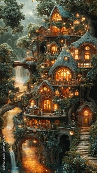 Fototapeta A whimsical treehouse village glowing softly among lush foliage, evoking a sense of magic and wonder in nature.