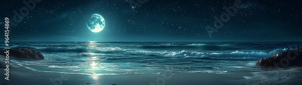 Fototapeta A tranquil moonlit beach with the moon's reflection shimmering across the still waters, and a sky full of stars above.