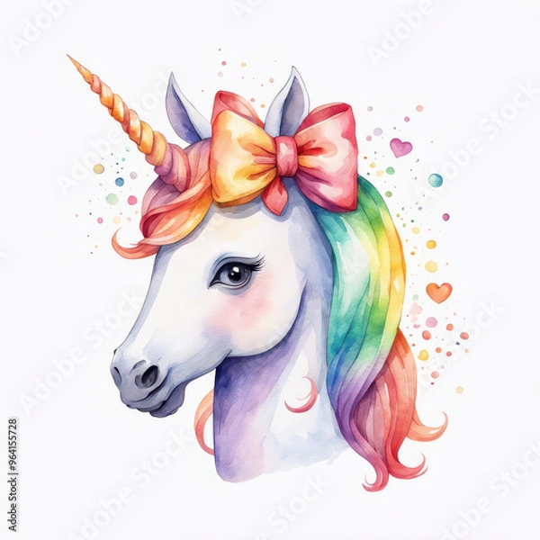Fototapeta A whimsical unicorn with colorful rainbow mane and big bow, surrounded by playful splashes of color, evokes sense of fantasy and joy.