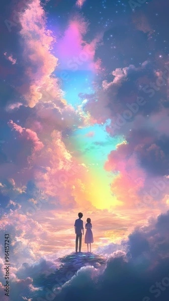 Obraz Two Silhouettes Standing on Clouds Under a Vibrant Sky