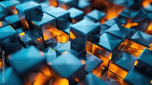 Fototapeta A dynamic arrangement of blue and orange geometric cubes, creating a visually striking abstract composition.