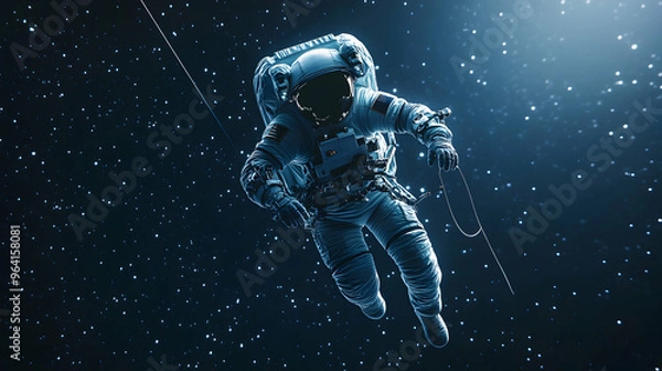 Fototapeta An astronaut floating outside a space station, holding onto a tether while performing maintenance in deep space, with stars scattered across the sky