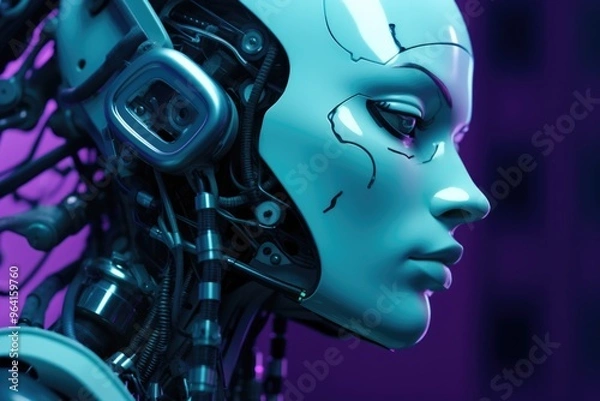 Obraz A woman with a robotic face is shown in a purple background. The image conveys a futuristic and technological atmosphere, with the woman's metallic features
