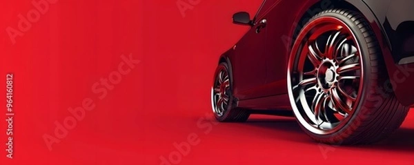 Fototapeta Black Car with Red Trim and Alloy Wheels on Red Background