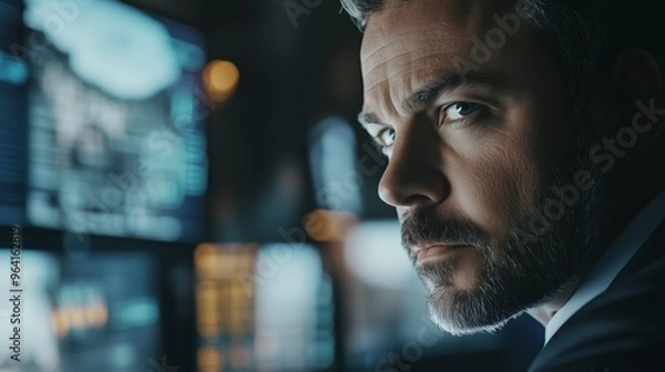 Fototapeta A cybersecurity expert monitoring data streams on multiple screens.