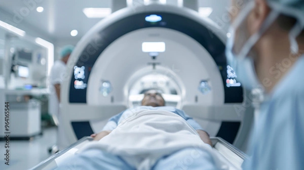 Fototapeta Patient undergoing an MRI scan in a hospital, representing modern medical diagnostics and advanced imaging technology for patient care.