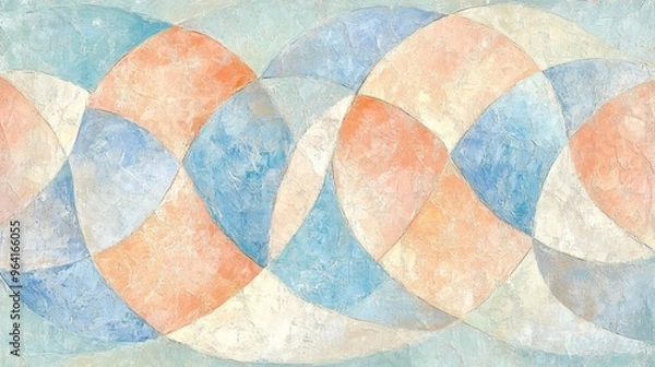 Fototapeta Abstract Interlocking Shapes in Blue, Peach, and White, Oil Painting on Canvas, Geometric, Textured, Modern Art