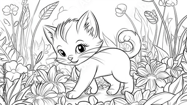 Fototapeta coloring page of a smiling kitten sitting among flowers, designed for kids