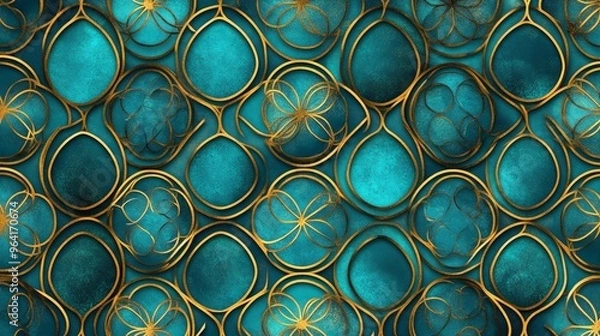 Fototapeta Emerald Green and Gold Ornamental Pattern, Abstract, Background, Texture, Geometric , emerald green, golden