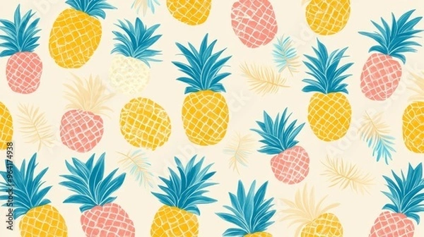Obraz Tropical Pineapple Pattern, Yellow, Blue, Pink ,tropical, pineapple, pattern