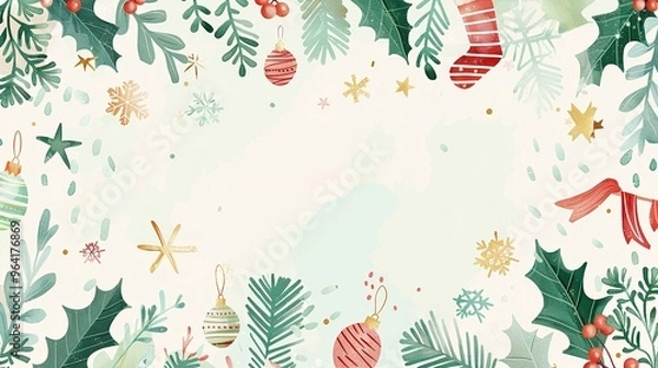 Fototapeta Elegant Christmas Frame Background: Green Tree Branches, Holly, Wreaths, Snowflakes & More in Pastel Watercolor for a Minimalist Holiday Design