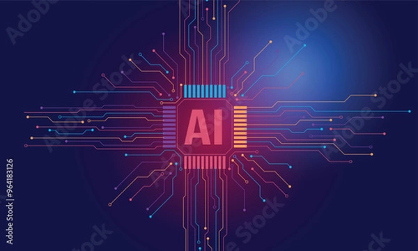 Fototapeta AI Artificial Intelligence and Machine Learning Background Concept, Big data innovation technology, Abstract background, AI Artificial Intelligence chipset on circuit board in futuristic concept	