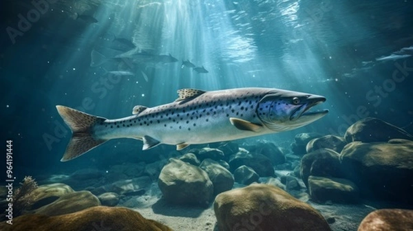 Fototapeta Predatory fish beautiful Salmon models in crystal clear water. Neural network ai generated art