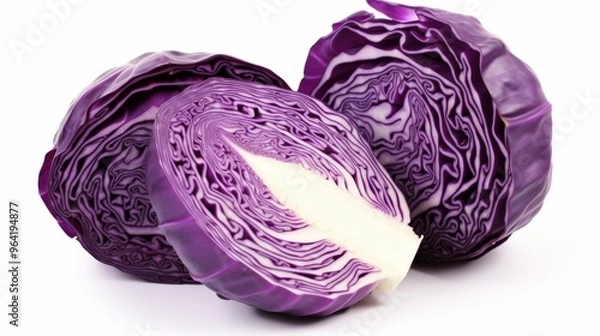 Fototapeta Few red cabbage and slice isolated on white background. Neural network ai generated art