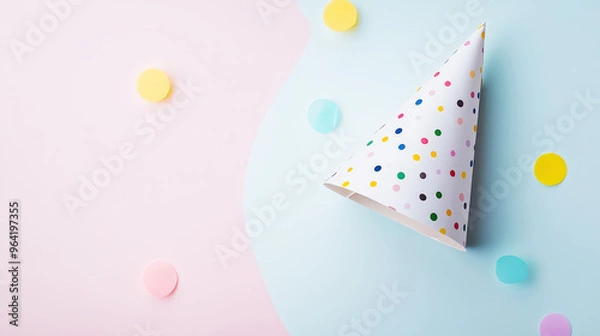 Fototapeta Birthday party hat on pastel pink background with confetti, copy space. Cute invitation mockup. Generative AI