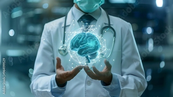 Fototapeta Doctor showing symbol of human brain at futuristic illisturation. Network brain  model in hand of doctor, Concept for medicine, neurologist, alzheimer's disease	
 Medical technology concept
