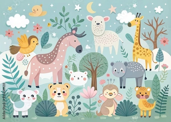 Fototapeta whimsical animal world design vector illustrations pastel colors flat style mood