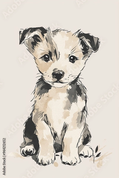 Obraz Black and Beige Drawing of Cute Dog in Minimal Line Style, Watercolor, Abstract Neutral Background