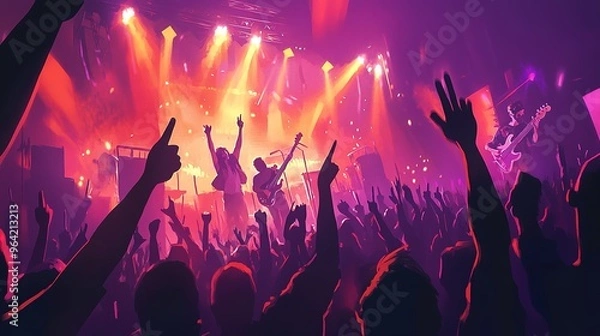 Fototapeta A vibrant concert scene with a band playing, the crowd jumping and waving their hands in the air