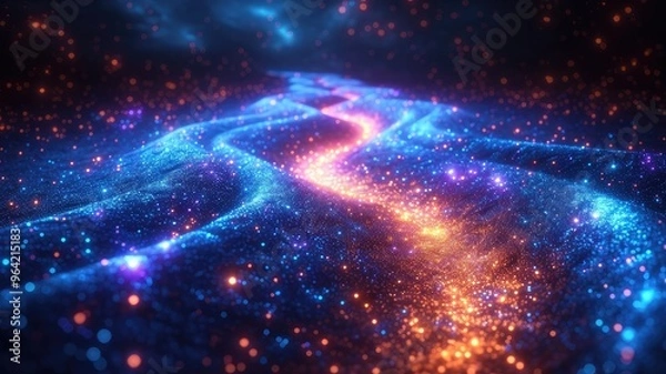 Fototapeta A mesmerizing digital landscape featuring glowing particles and vibrant colors, resembling a cosmic river of light.