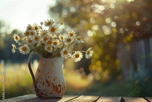 Fototapeta A bouquet of daisies in a rustic jug, delicately arranged on a wooden table, illuminated by soft afternoon sunlight with a blurred, idyllic background.