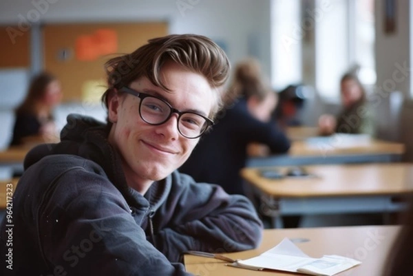 Fototapeta A young man in glasses sits in a classroom, smiling warmly with his arms crossed, the rest of the class blurred in the background.