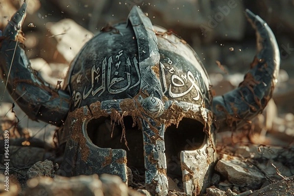 Fototapeta ai generative viking helmet with arabic writing