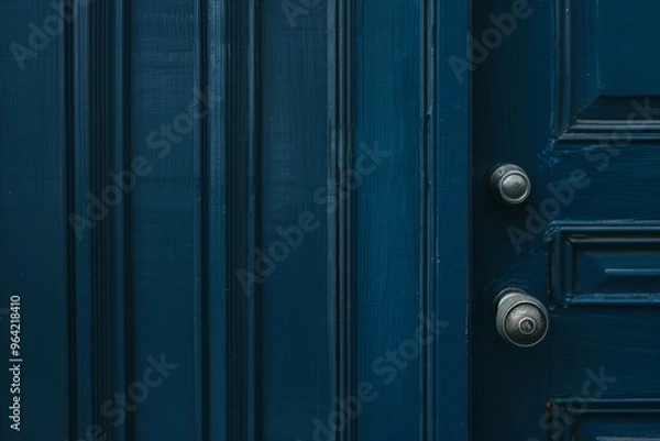 Fototapeta A close-up of a deep navy blue door with minimalistic design and marked by its simple yet elegant metal doorknob.