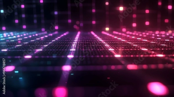 Fototapeta Glowing Pixelated Square Grid Fading into Subtle Neon Digital Energy Concept