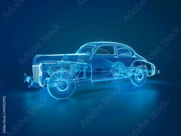 Fototapeta Car visualization with augmented reality Transparent car in studio drawing in blue colors, blueprint glowing neon hologram futuristic show technology security for premium product business financ