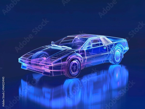 Fototapeta Car visualization with augmented reality Transparent car in studio drawing in blue colors, blueprint glowing neon hologram futuristic show technology security for premium product business financ