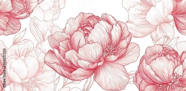 Fototapeta Delicate Floral Elegance: Hand-Drawn Peonies in Soft Reds and Whites