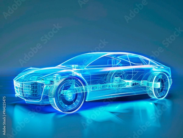 Fototapeta Car visualization with augmented reality Transparent car in studio drawing in blue colors, blueprint glowing neon hologram futuristic show technology security for premium product business finance