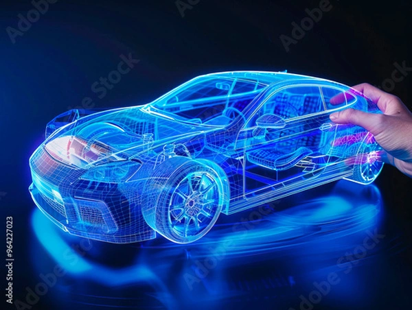 Fototapeta Car visualization with augmented reality Transparent car in studio drawing in blue colors, blueprint glowing neon hologram futuristic show technology security for premium product business finance