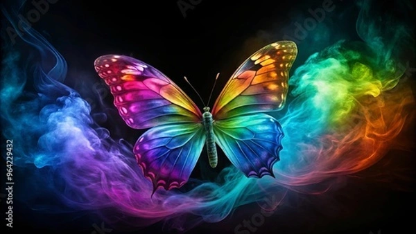 Fototapeta Vibrant multicolored smoky butterfly in flight against a dark background