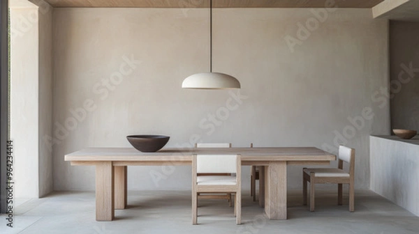 Fototapeta Minimalist dining room with wooden furniture, neutral tones and natural lighting. Mediterranean Real Estate homes interior design