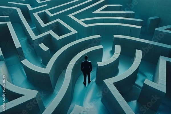 Obraz A solitary figure stands at the entrance of a vast, intricate maze, symbolizing the challenges and journey of navigating through life's complexities.