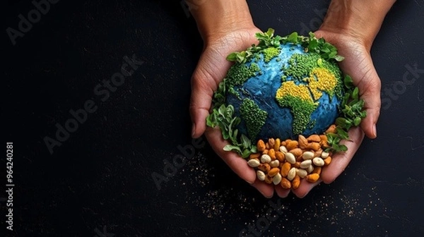 Fototapeta Global hunger relief, hands offering food to a world in need, watercolor
