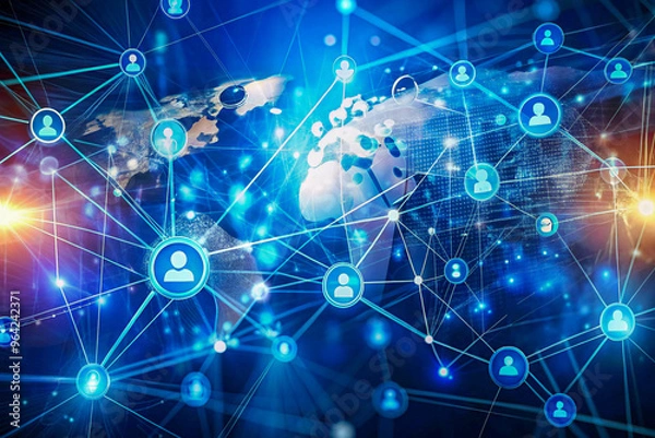 Fototapeta Global Digital Network with Interconnected Nodes and World Map Background