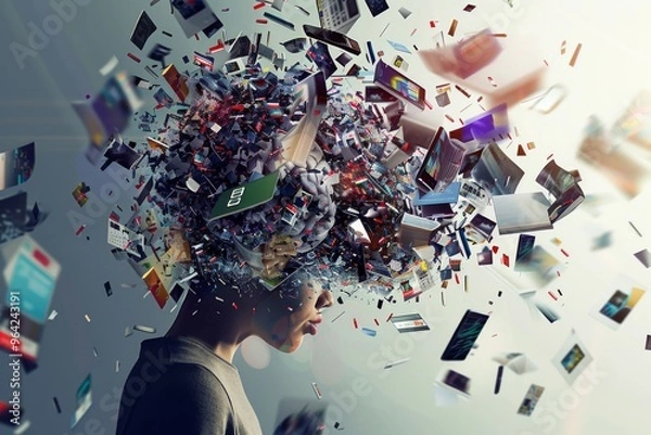 Obraz A person’s head is overfilled with a chaotic explosion of colorful digital media, symbolizing information overload and the digital age's complexities.