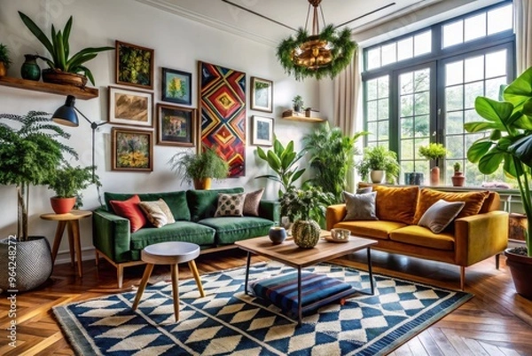 Obraz bold patterned rugs, geometric artwork, velvet sofas, industrial coffee tables, and lush greenery create a stylishly chaotic, modern eclectic living space.