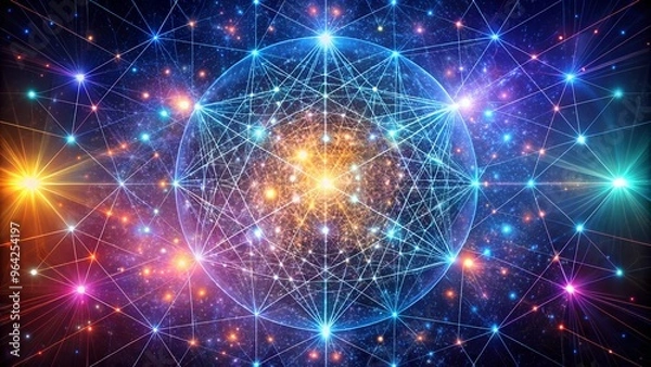 Fototapeta Cosmic network with neon geometric shapes and AI universe. Perfect for: Sci-fi conventions, Tech summits, Futuristic art exhibits, AI development showcases