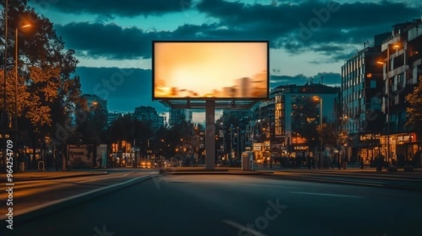 Fototapeta White blank billboard mockup illuminated in the night city on a street background, large outdoor display design, new beautiful stock image illustration AI