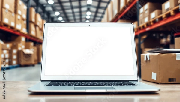 Fototapeta Laptop with blank screen in a warehouse