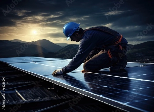 Fototapeta Man Working on Solar Panel